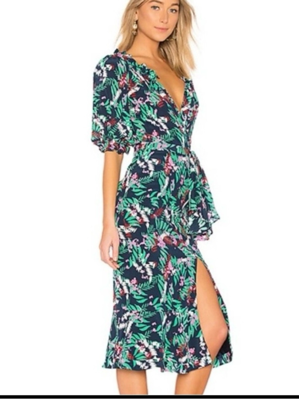 $696 SALONI Olivia Midnight Fern 100% silk midi ruffle  V-neck Wrap Dress Sz 0